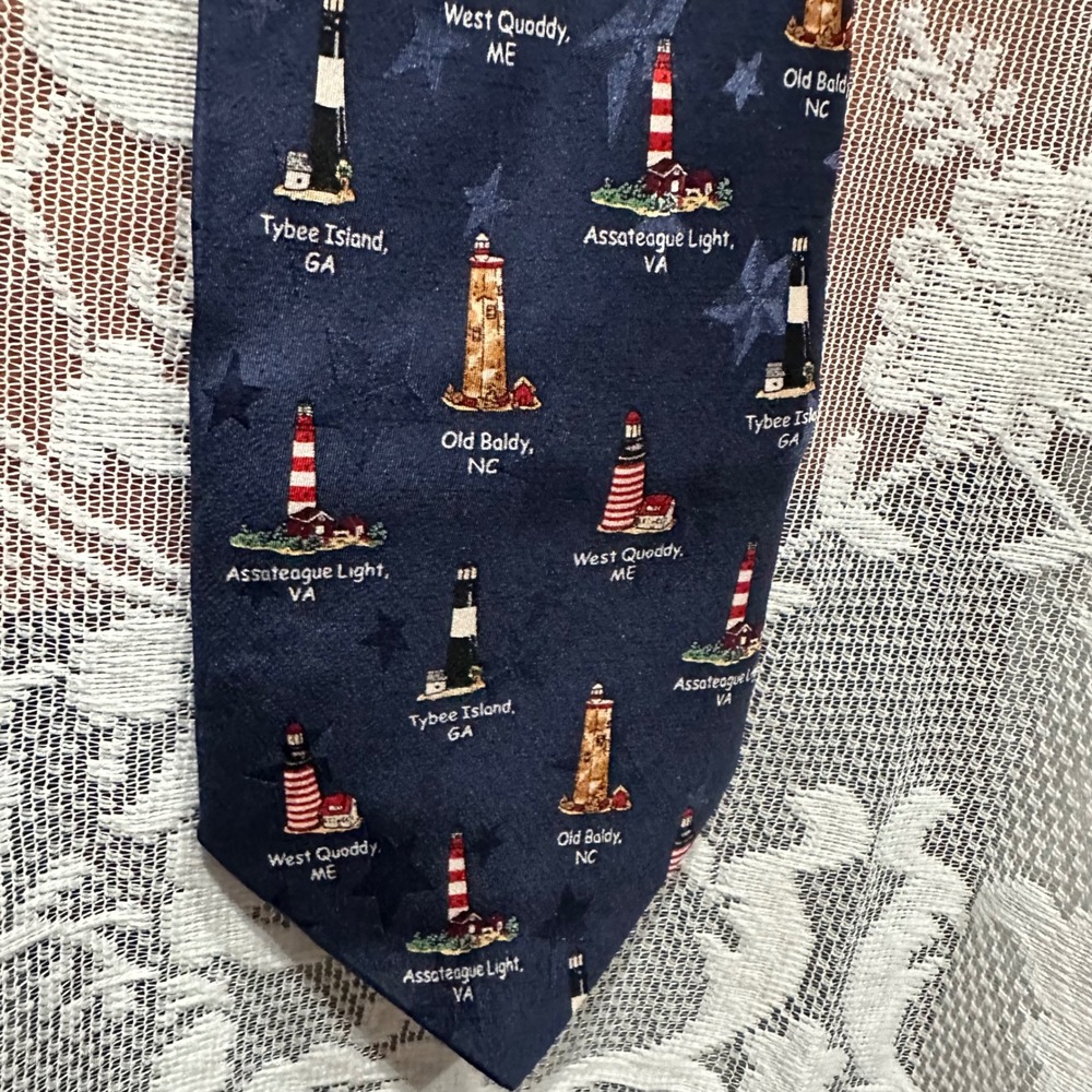 Tango by Max Raab Necktie Mens OS Navy Blue Excellent Lighthouse Americana Silk - Picture 2 of 5